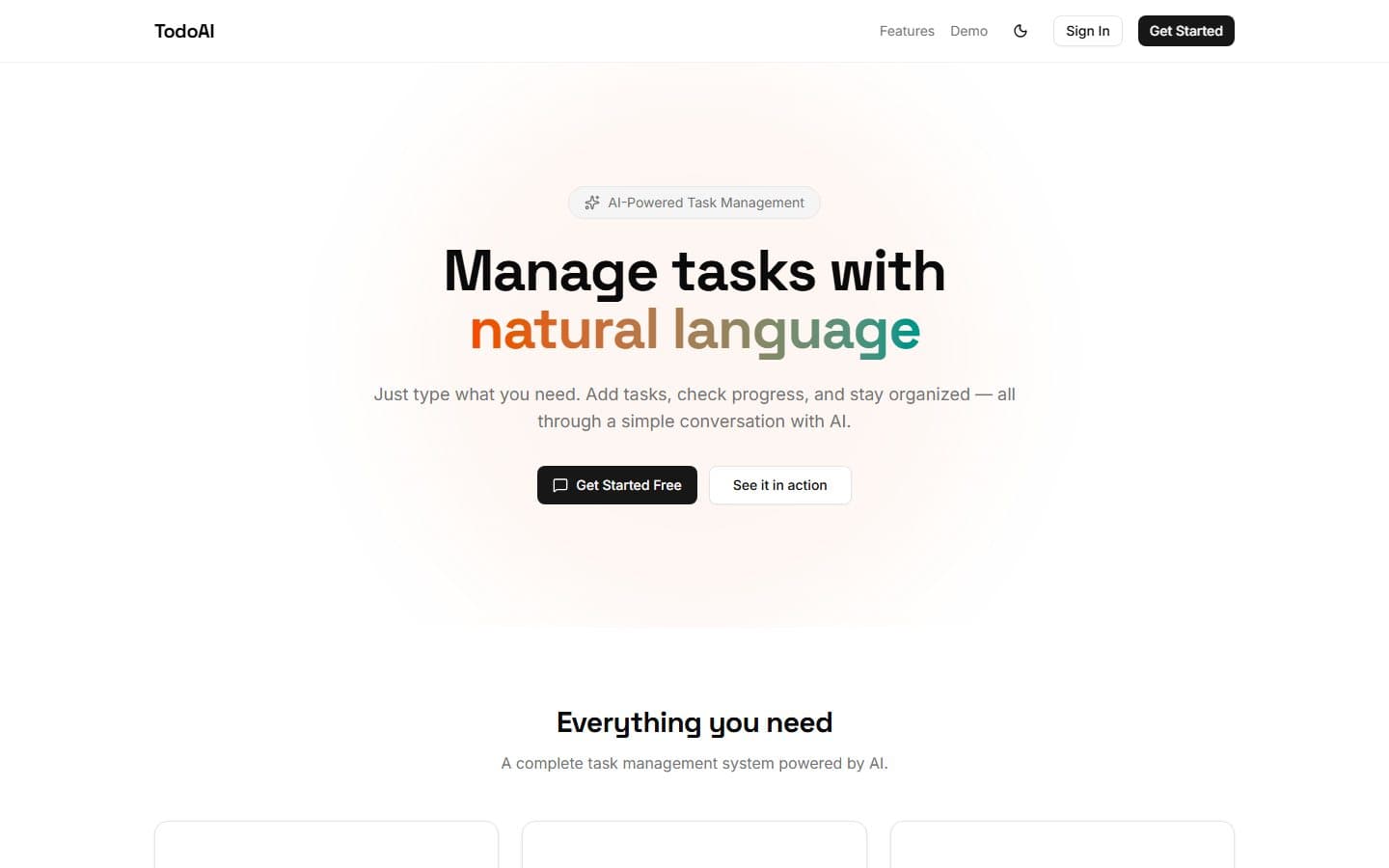 Todo AI Chatbot website homepage